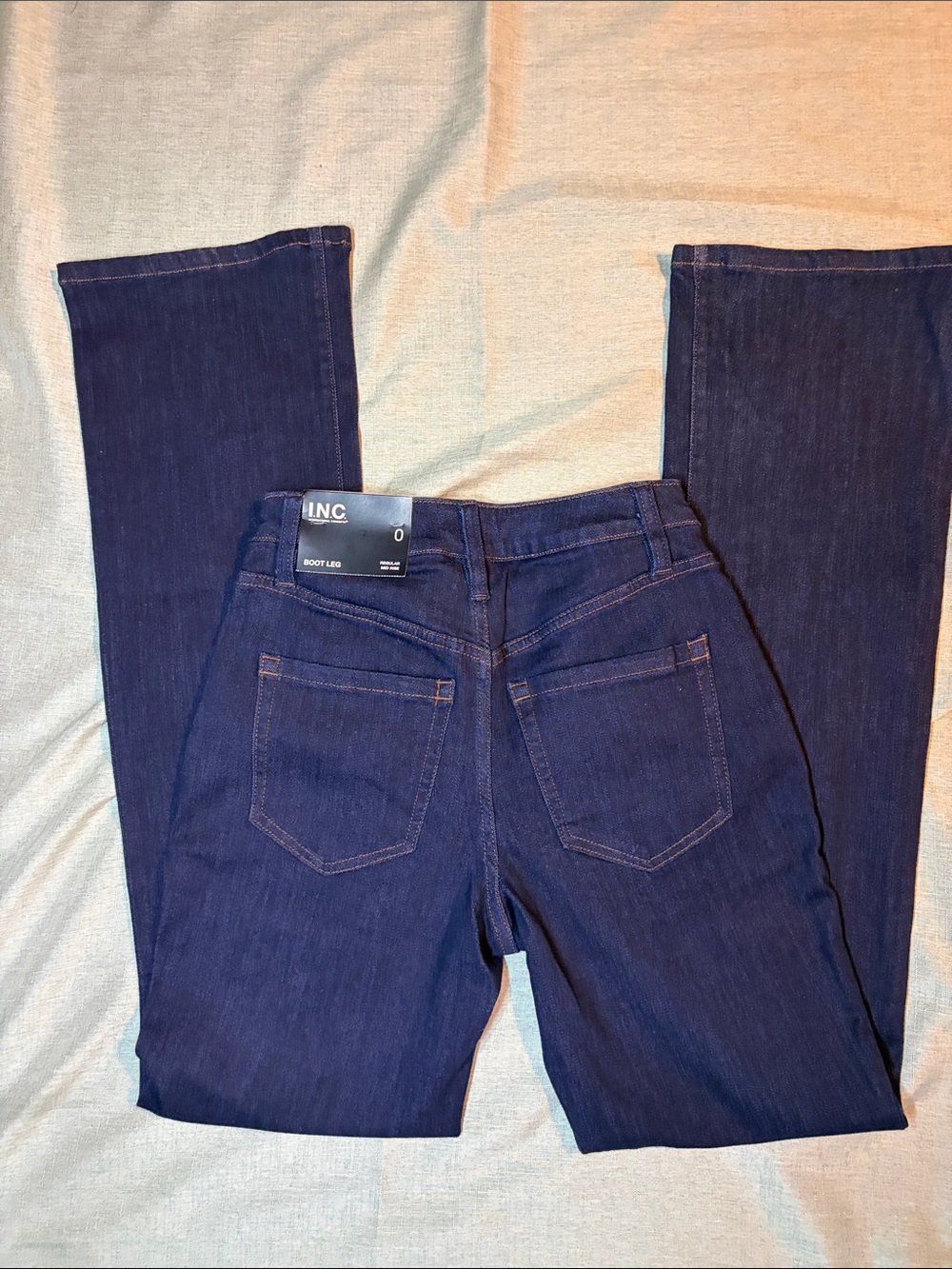 INC International Concepts Dark Indigo Bootcut Jeans with Gold Hardware